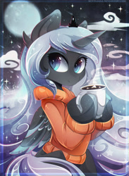 Size: 2200x3000 | Tagged: safe, artist:koveliana, princess luna, alicorn, pony, chocolate, chromatic aberration, clothes, cute, female, food, hoof hold, hot chocolate, lunabetes, mare, moon, mug, solo, sweater