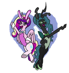 Size: 992x1040 | Tagged: safe, artist:jargon scott, princess cadance, queen chrysalis, alicorn, changeling, changeling queen, pony, bunny suit, clothes, costume, cute, cutealis, cutedance, female, mare, simple background