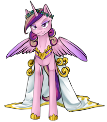Size: 1147x1300 | Tagged: safe, artist:ninetail-fox, princess cadance, queen chrysalis, alicorn, changeling, changeling queen, pony, a canterlot wedding, clothes, disguise, disguised changeling, dress, eyeshadow, fake cadance, female, floral head wreath, flower, lidded eyes, looking at you, makeup, mare, simple background, slit eyes, smiling, smirk, solo, spread wings, transparent background, wedding dress, wings