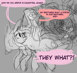 Size: 1000x950 | Tagged: safe, anonymous artist, princess cadance, alicorn, human, pony, /mlp/, 4chan, candace flynn, crossover, drawthread, duo, female, flying, gray background, humans riding ponies, mare, monochrome, phineas and ferb, riding, simple background, sketch, speech bubble, text