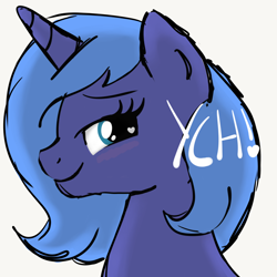 Size: 2100x2100 | Tagged: safe, artist:lannielona, princess luna, alicorn, pony, advertisement, bedroom eyes, blushing, bust, commission, female, filly, looking back, portrait, s1 luna, simple background, sketch, solo, white background, wingding eyes, woona, young luna, younger, your character here