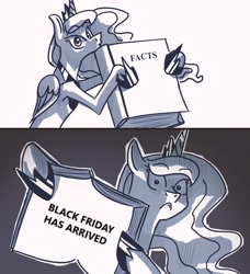 Size: 546x600 | Tagged: safe, artist:askbestprincessluna, artist:quarium edits, princess luna, alicorn, pony, black friday, exploitable meme, facts, grayscale, luna's fact book, meme, meme template, monochrome, solo, twilight's fact book