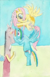 Size: 727x1099 | Tagged: safe, discord, fluttershy, rainbow dash, draconequus, pegasus, pony, angry, female, male, mare