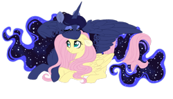 Size: 1024x585 | Tagged: safe, alternate version, artist:azure-art-wave, edit, fluttershy, princess luna, alicorn, pegasus, pony, cuddling, cute, daaaaaaaaaaaw, dappled, ethereal mane, eyes closed, female, flowing mane, freckles, happy, intertwined tails, lesbian, lunabetes, lunashy, prone, romantic, shipping, shyabetes, simple background, smiling, starry mane, transparent background