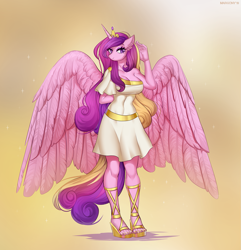Size: 1255x1300 | Tagged: safe, artist:margony, princess cadance, alicorn, anthro, plantigrade anthro, breasts, clothes, digital art, feet, female, mare, nail polish, princess cansdance, sandals, shoes, signature, smiling, solo, toes