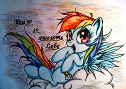 Size: 1893x1330 | Tagged: safe, artist:tomek2289, rainbow dash, pegasus, pony, cloud, cloudy, solo, text, traditional art