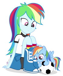 Size: 770x930 | Tagged: safe, artist:dm29, rainbow dash, equestria girls, cute, dashabetes, duality, duo, filly, football, hnnng, human ponidox, julian yeo is trying to murder us, petting, pony pet, simple background, square crossover, transparent background
