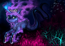 Size: 1280x905 | Tagged: safe, artist:elkaart, princess luna, merpony, crown, female, glowing horn, looking at you, peytral, regalia, seaponified, seapony luna, solo, species swap, swimming, underwater