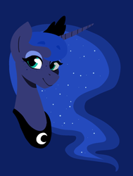 Size: 1098x1450 | Tagged: safe, artist:/d/non, princess luna, alicorn, pony, blue background, bust, crown, eyeshadow, female, freckles, hooves, horn, jewelry, lineless, makeup, mare, portrait, regalia, simple background, solo, tiara