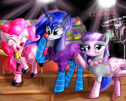 Size: 2500x2000 | Tagged: safe, artist:katakiuchi4u, maud pie, pinkie pie, princess luna, alicorn, pony, camera, circus, clothes, clown, clown luna, clown makeup, clown nose, cute, lunabetes, socks, striped socks