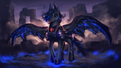 Size: 1290x730 | Tagged: safe, artist:elkaart, princess luna, alicorn, pony, armor, commission, female, horns, hybrid wings, looking at you, magic, mare, ruins, solo, spread wings, wings