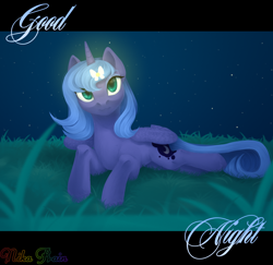 Size: 3000x2910 | Tagged: safe, artist:nika-rain, princess luna, alicorn, butterfly, pony, female, grass, looking at you, mare, night, prone, s1 luna, solo