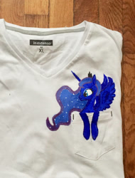 Size: 1024x1346 | Tagged: safe, artist:colorsceempainting, princess luna, alicorn, pony, clothes, pocket ponies, shirt, solo, t-shirt