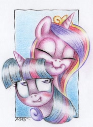 Size: 872x1191 | Tagged: safe, artist:deathcutlet, princess cadance, twilight sparkle, twilight sparkle (alicorn), alicorn, pony, biting, blushing, cute, ear bite, eyes closed, grin, horses doing horse things, lip bite, looking up, nom, smiling, traditional art