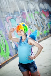 Size: 682x1024 | Tagged: safe, artist:ooobuta-kunooo, rainbow dash, human, bra strap, clothes, cosplay, irl, irl human, photo, solo, tanktop