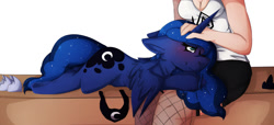 Size: 1280x584 | Tagged: safe, artist:oddends, princess luna, human, blushing, clothes, cute, fishnet stockings, hoof shoes, human on pony petting, jewelry, lunabetes, lying, miniskirt, petting, regalia, skirt, stockings, thigh highs