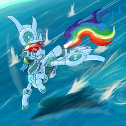 Size: 800x800 | Tagged: safe, artist:sean mirrsen, rainbow dash, pegasus, pony, robot, android, flying, power rangers, solo, water