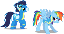 Size: 1024x553 | Tagged: safe, artist:algonquinmaniac, rainbow dash, soarin', pegasus, pony, female, male, shipping, soarindash, straight, wonderbolt trainee uniform