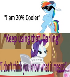 Size: 1000x1103 | Tagged: safe, rainbow dash, rarity, pegasus, pony, unicorn, 20% cooler, darling, female, foal free press, hub logo, hubble, mare, newspaper, sunglasses, swagfags, text, the hub, you keep using that word