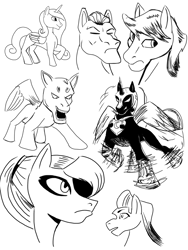 Size: 1536x2048 | Tagged: safe, artist:samoht-lion, nightmare moon, princess cadance, alicorn, pegasus, pony, bust, female, flailing, male, mare, monochrome, open mouth, raised hoof, stallion