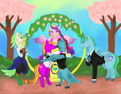 Size: 1004x780 | Tagged: safe, artist:piccolavolpe, captain celaeno, princess cadance, oc, oc:azure glide, oc:iron wingheart, oc:quasar(wingman), alicorn, bird, hybrid, parrot, pegasus, pony, unicorn, my little pony: the movie, altar, azurlaeno, blossom trees, canon x oc, clothes, commission, dress, eyes closed, female, garden, gay, gay wedding, hedge, horn, horn ring, hug, interspecies offspring, kissing, love, male, marriage, oc x oc, offspring, outdoors, parent:captain celaeno, parent:oc:azure glide, parents:azurlaeno, parents:canon x oc, podium, princess of love, ring, shipping, smiling, stallion, suit, tree, wedding, wedding ring, winghug