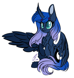 Size: 1826x1902 | Tagged: safe, artist:donnie-moon, princess luna, alicorn, pony, :3, beanbrows, big ears, cheek fluff, chest fluff, colored pupils, curved horn, cute, eye clipping through hair, eyebrows, eyebrows visible through hair, female, fluffy, horn, leg fluff, lunabetes, mare, signature, simple background, smiling, solo, transparent background