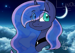 Size: 780x548 | Tagged: safe, artist:greenmarta, princess luna, alicorn, pony, bust, cloud, cloudy, ethereal mane, female, horn, looking to the right, mare, moon, peytral, picture background, princess, sky, smiling, solo, starry mane, stars