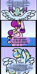 Size: 464x919 | Tagged: safe, artist:hunterthewastelander, princess cadance, oc, oc:snowstorm brina cavaliere, alicorn, pony, comic:the transgression, alicorn oc, comic, crying, dialogue, female, mare, offspring, parent:princess cadance, parent:shining armor, parents:shiningcadance, raised hoof, spread wings, wings