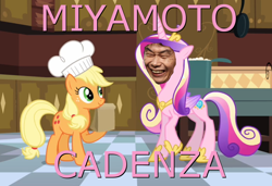 Size: 768x524 | Tagged: safe, artist:hybrid-changling, edit, edited screencap, screencap, applejack, princess cadance, alicorn, earth pony, human, pony, chef's hat, cropped, duo, female, hat, hoof hold, hoof shoes, kitchen, mare, raised hoof, shigeru miyamoto, smiling