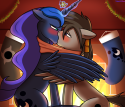 Size: 3500x3000 | Tagged: safe, alternate version, artist:galacticham, princess luna, oc, oc:ethan eclipse, alicorn, pony, blushing, canon x oc, christmas, christmas stocking, clothes, fireplace, french kiss, holiday, kissing, looking at each other, mistletoe, scarf