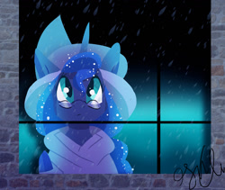 Size: 1280x1078 | Tagged: safe, artist:shellielle, princess luna, alicorn, pony, bust, clothes, female, glasses, looking up, mare, rain, solo, window