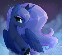 Size: 2911x2601 | Tagged: safe, artist:fluffymaiden, princess luna, alicorn, pony, female, looking at you, mare, night, sitting, smiling, solo