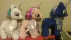 Size: 2560x1440 | Tagged: safe, princess cadance, princess celestia, princess luna, alicorn, pony, haircut, manecut, plushie