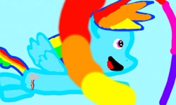 Size: 512x307 | Tagged: safe, rainbow dash, pegasus, pony, blue coat, female, mare, multicolored mane, rainbow, sonic rainboom