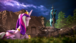 Size: 3840x2160 | Tagged: safe, artist:apexpredator923, princess cadance, queen chrysalis, alicorn, changeling, changeling queen, pony, 3d, source filmmaker