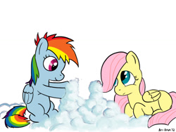 Size: 900x675 | Tagged: safe, artist:aa, fluttershy, rainbow dash, pegasus, pony, cloud, cloud sculpting, female, filly, filly fluttershy, filly rainbow dash, simple background, white background, younger