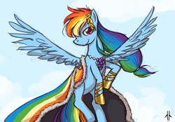 Size: 753x525 | Tagged: safe, artist:corpsecrow, rainbow dash, pegasus, pony, clothes, dress, flying, gala dress, looking at you, sky, smiling, solo