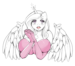 Size: 900x797 | Tagged: safe, artist:knightdd, princess cadance, alicorn, anthro, big breasts, breasts, cleavage, clothes, dress, evening gloves, female, gloves, huge breasts, long gloves, magic, open mouth, partial color, princess cansdance, sketch, solo, upper body
