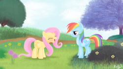 Size: 1024x576 | Tagged: safe, artist:momousui, fluttershy, rainbow dash, pegasus, pony, sonic rainboom (episode), duo, female, flutteryay, mare, scene interpretation, yay