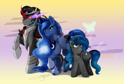 Size: 1280x874 | Tagged: safe, artist:jenndylyon, king sombra, princess luna, oc, oc:galactic stars, alicorn, butterfly, pony, commission, digital art, family, female, filly, lumbra, male, mare, offspring, parent:king sombra, parent:princess luna, parents:lumbra, shipping, signature, stallion, straight, trio, watermark
