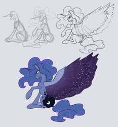 Size: 1280x1371 | Tagged: safe, artist:jykinturah, princess luna, alicorn, pony, female, gray background, mare, missing accessory, simple background, sketch, solo, wings