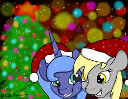 Size: 5139x3996 | Tagged: safe, artist:the-fox-experiment, derpy hooves, princess luna, alicorn, pegasus, pony, christmas, christmas lights, christmas tree, female, hat, holiday, mare, santa hat, simple background, smiling, snow, snowfall, tree