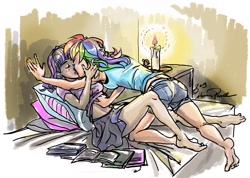 Size: 1264x902 | Tagged: safe, artist:ddhew, rainbow dash, twilight sparkle, barefoot, bed, book, candle, clothes, eyes closed, feet, female, humanized, kissing, lesbian, pillow, shipping, shirt lift, skirt, twidash