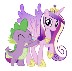 Size: 750x739 | Tagged: artist needed, safe, edit, editor:undeadponysoldier, princess cadance, spike, alicorn, dragon, pony, crown, female, hug, infidelity, jewelry, male, mare, raised hoof, regalia, shipping, simple background, spikedance, straight, white background