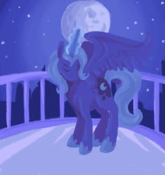 Size: 1155x1224 | Tagged: safe, artist:lionsca, princess luna, alicorn, pony, dusk, magic, missing accessory, moon, raising the moon, s1 luna, solo, stars, younger