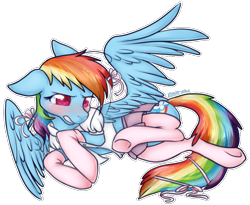 Size: 778x637 | Tagged: safe, artist:ambunny, rainbow dash, pegasus, pony, blushing, clothes, embarrassed, floppy ears, frown, gritted teeth, on side, rainbow dash always dresses in style, ribbon, skirt, solo, spread wings, stockings, underhoof