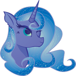 Size: 672x667 | Tagged: safe, artist:lionsca, princess luna, alicorn, pony, bust, ethereal mane, eyelashes, flowing mane, galaxy mane, missing accessory, smiling, solo, sparkles