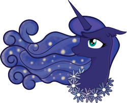 Size: 928x754 | Tagged: safe, artist:lionsca, princess luna, alicorn, pony, bust, ethereal mane, flower, galaxy mane, missing accessory, solo, sparkles