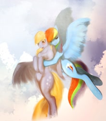 Size: 1584x1800 | Tagged: safe, artist:mechagen, derpy hooves, rainbow dash, pegasus, pony, blushing, derpydash, female, flying, hug, lesbian, mare, shipping, sky