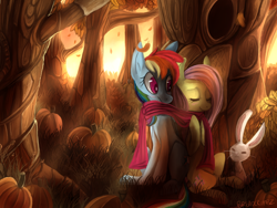 Size: 2000x1500 | Tagged: safe, artist:terrac0tta, angel bunny, fluttershy, rainbow dash, pegasus, pony, rabbit, autumn, clothes, crepuscular rays, female, flutterdash, forest, lesbian, pumpkin, scarf, shared clothing, shared scarf, shipping, tree